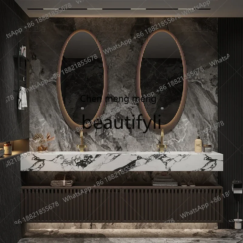 C Light luxury hotel wind rock slab seamless double basin bathroom cabinet washstand solid wood hand washbasin cabinet