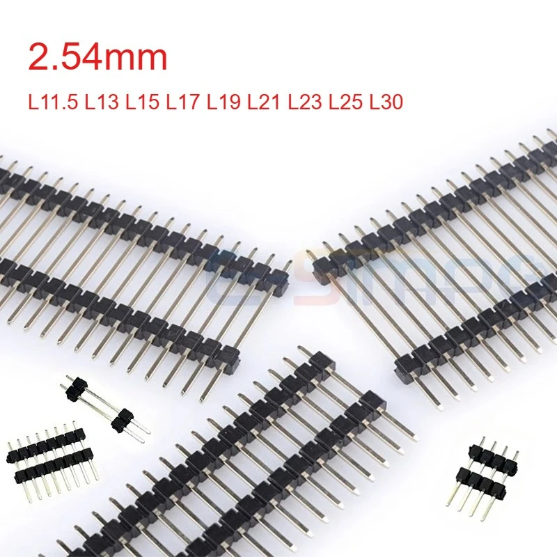 

50pcs 2.54mm Gold Single Row Double plastic 1x2/3/4/5/6/7-40P PCB Board Spacer Male Pin Header Long 11.5/13/15/17/19/21/25/30mm