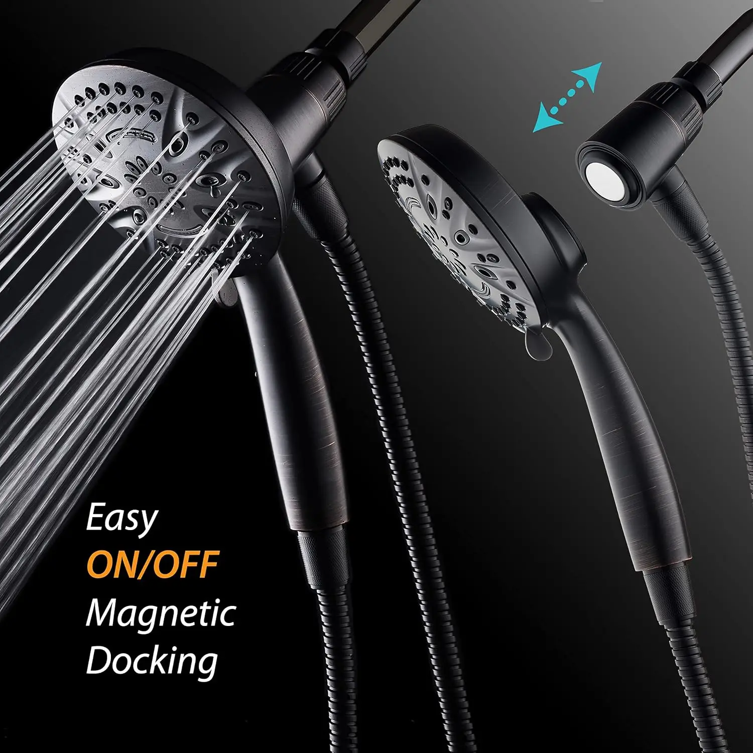 Soffione doccia con aggancio magnetico con 8 impostazioni, faccia da 5 pollici e tubo flessibile in acciaio inossidabile da 72 pollici