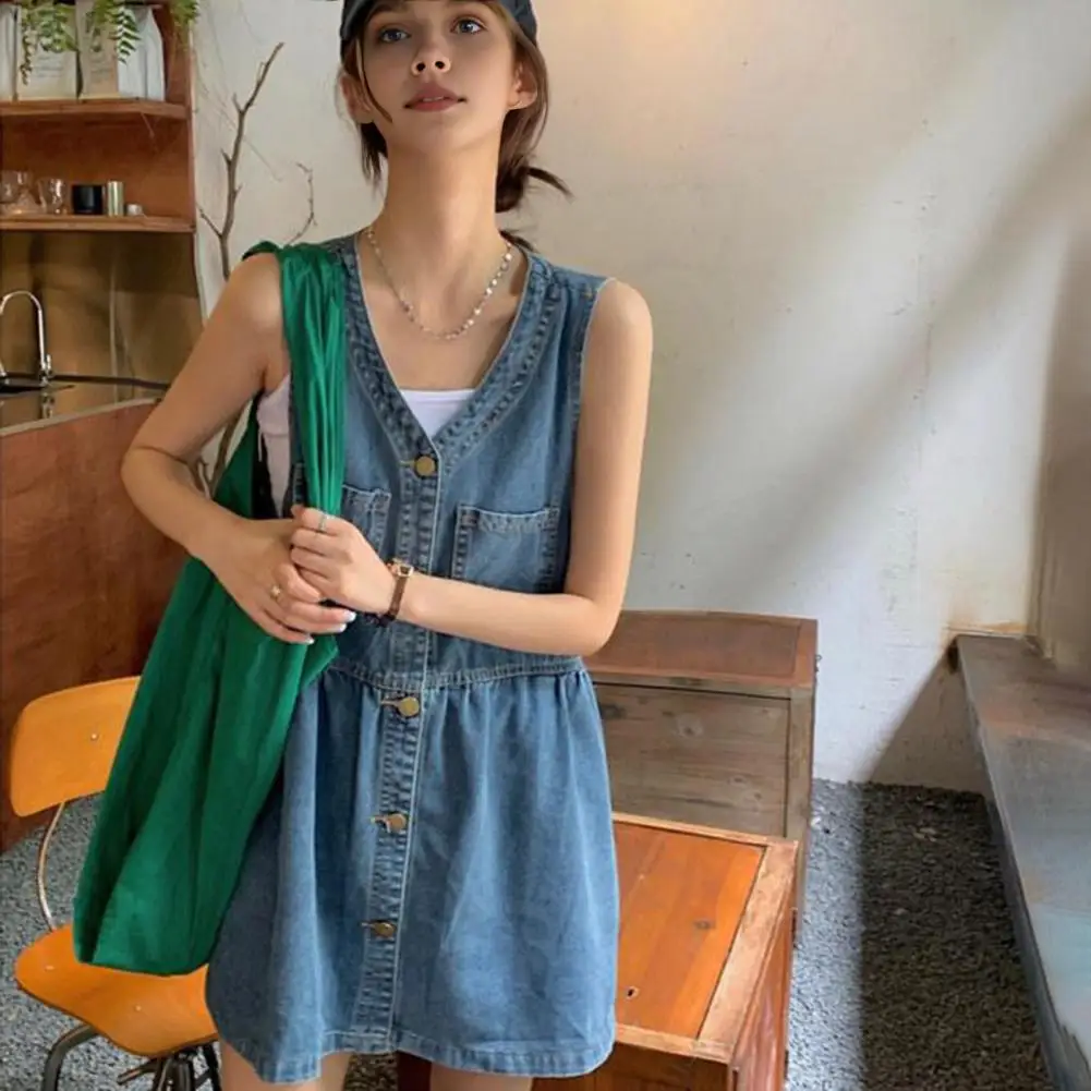 Women Denim Dress  V Neck A-line Big Hem Sleeveless Summer Dress Solid Color Pockets Single-breasted Cardigan Pleated Mini Dress