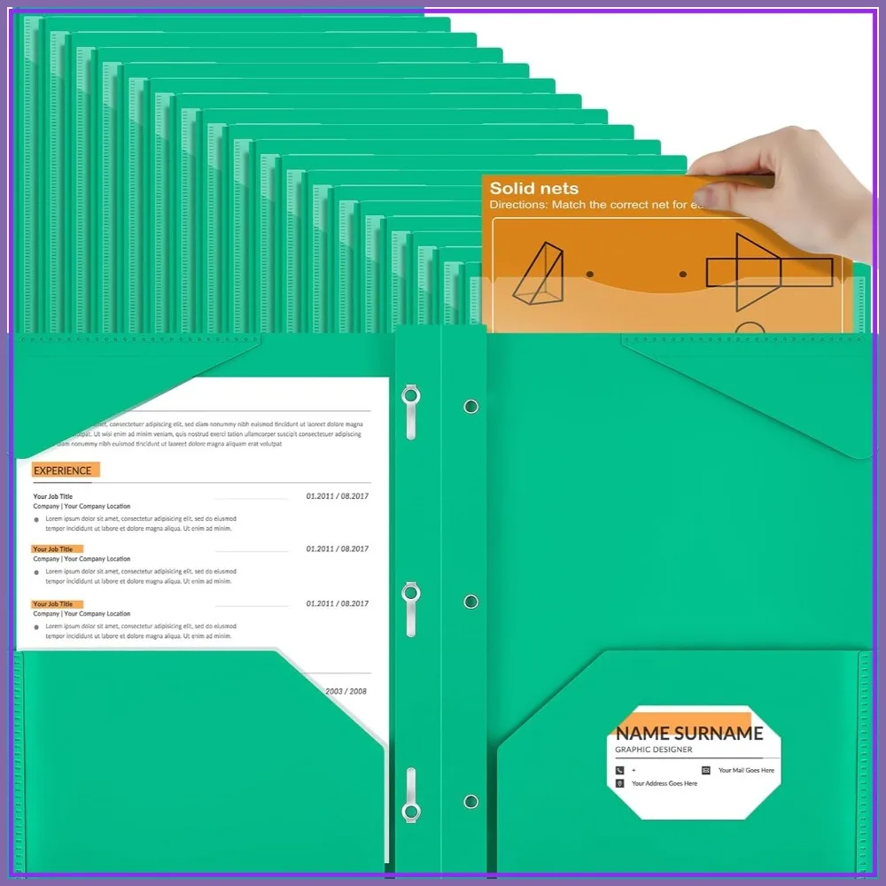 

72 Pack Plastic Folders with Clear Front Pocket and 3 Prongs, Letter Size, Green