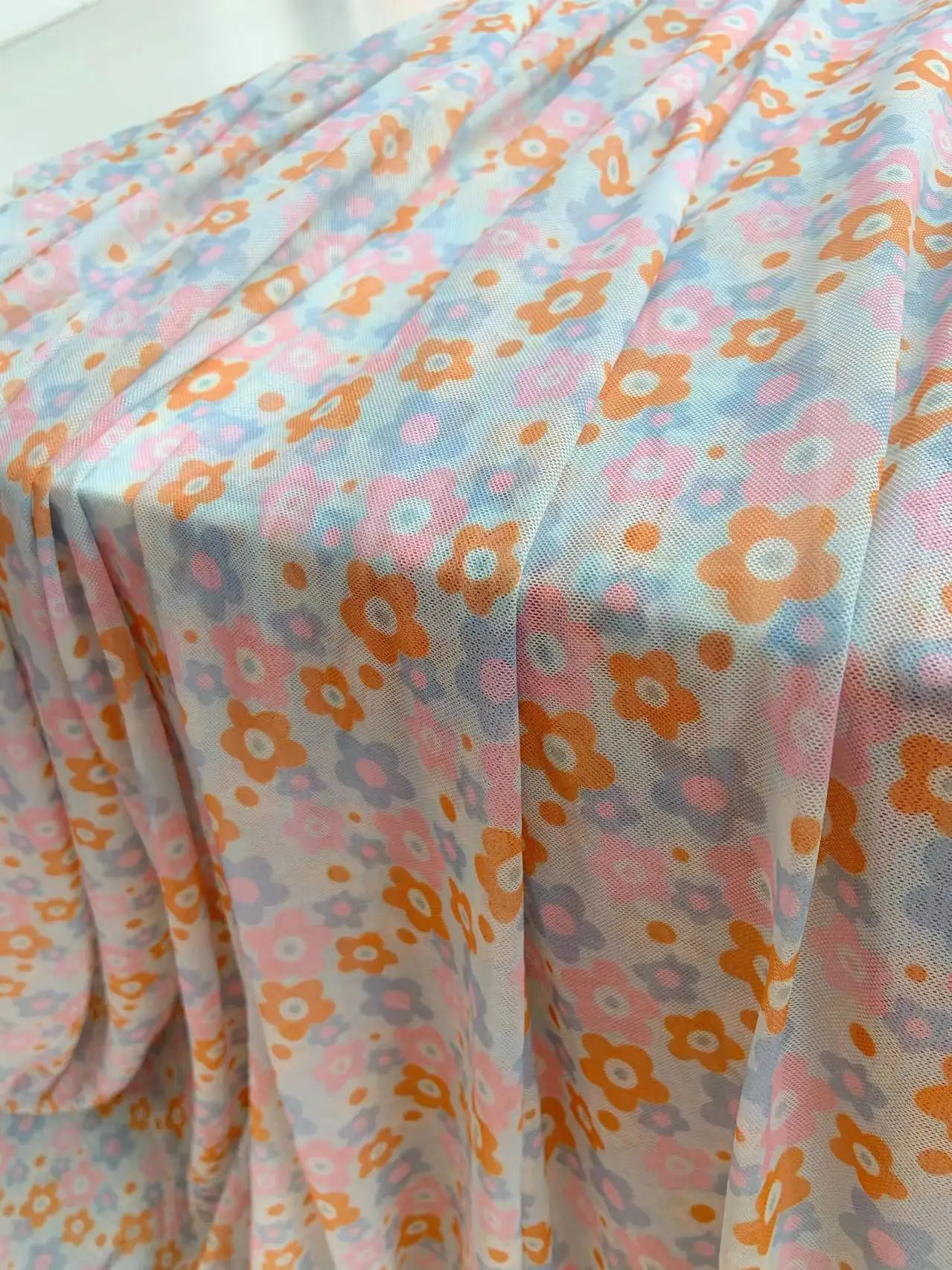 4 Way Stretchy Blue Printed Gauze with Orange Flower Pink Floral Elastic Dip Dyed Tulle Power Mesh Fabric for Ball Gown,Lingerie