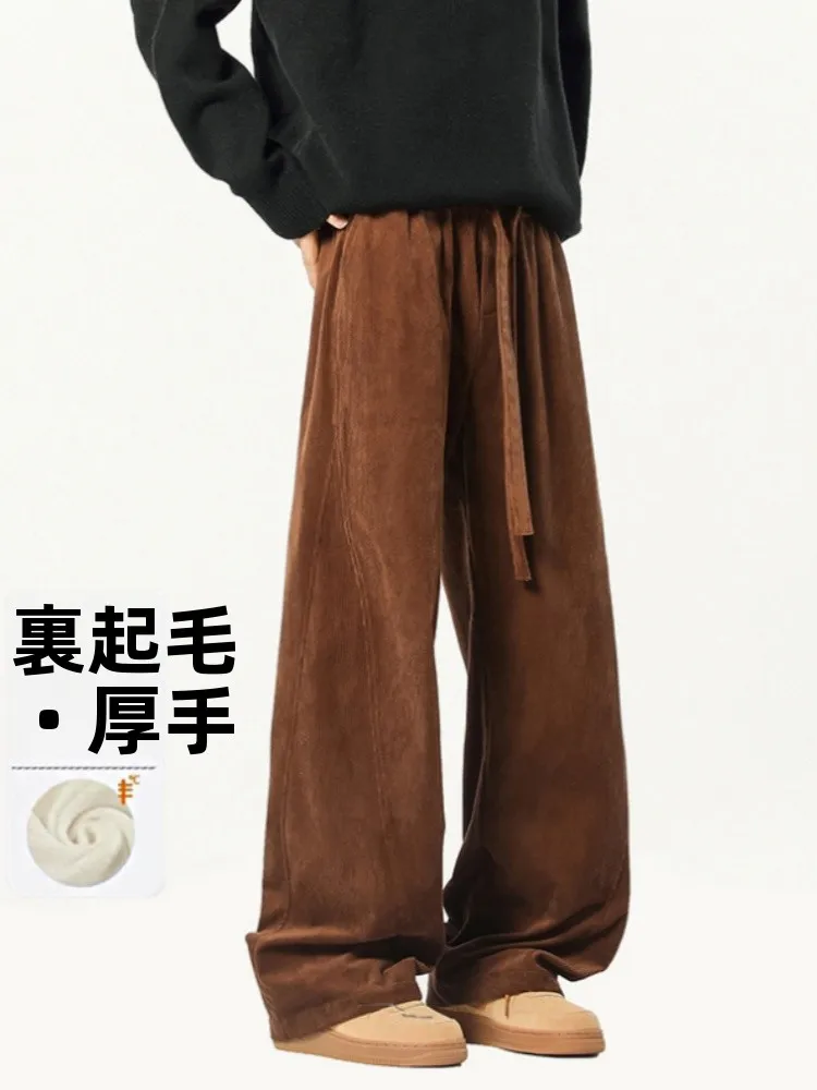 

Thiened Fce Lined Corduroy Sports Pants Men's Winter Warm Wide Leg Straight Cut Knife Trousers American Sle Casual