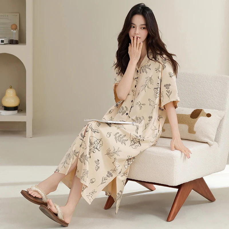 Baju Tidur Wanita Lengan Pendek M-4XL Terbaru Baju Tidur Wanita Kerah Lipat 100% Katun