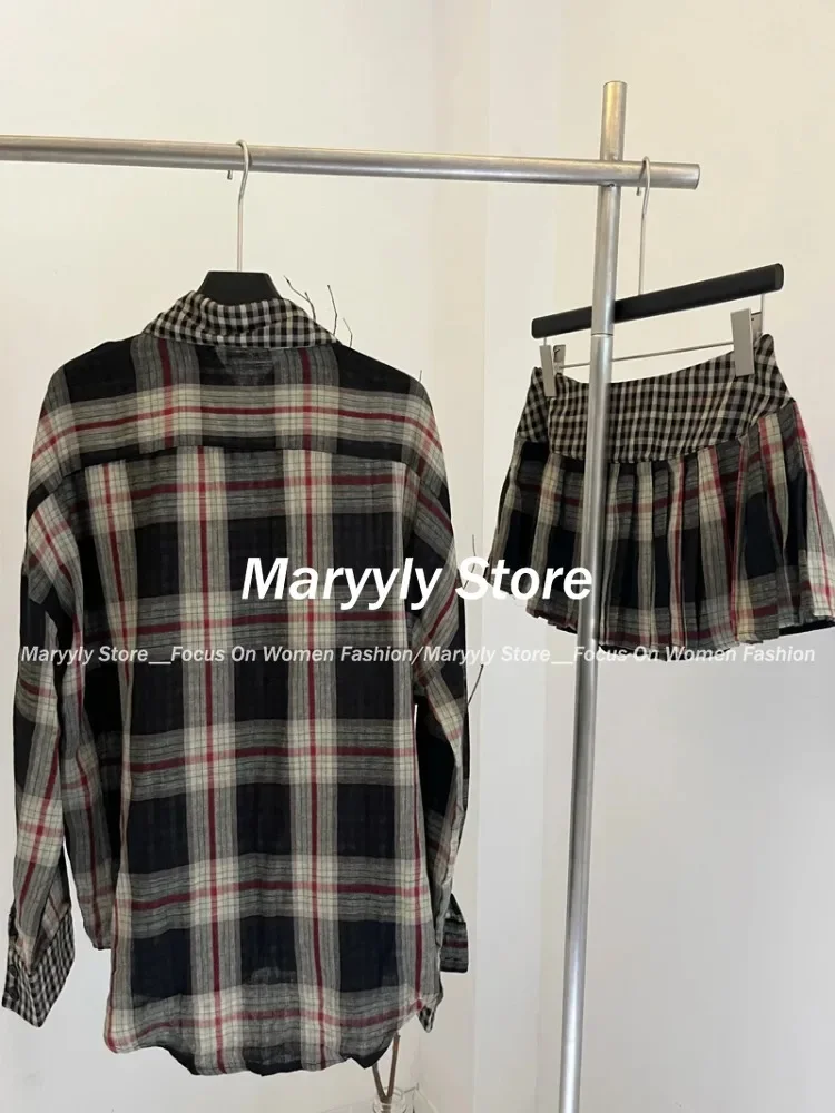 Autumn Y2k Vintage Plaid Outfits 2 Piece Set Women Elegant Long Sleeve Blouses + Pleated Mini Skirt Korean Fashion Skirt Set New