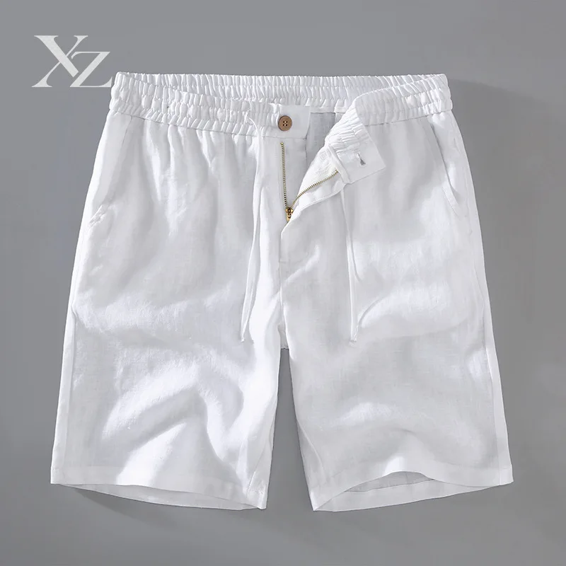 Opening Sale |Men's 100% Linen Shorts Summer Breathable Elastic Waist Drawstring Casual Straight Five-Pocket Pants White