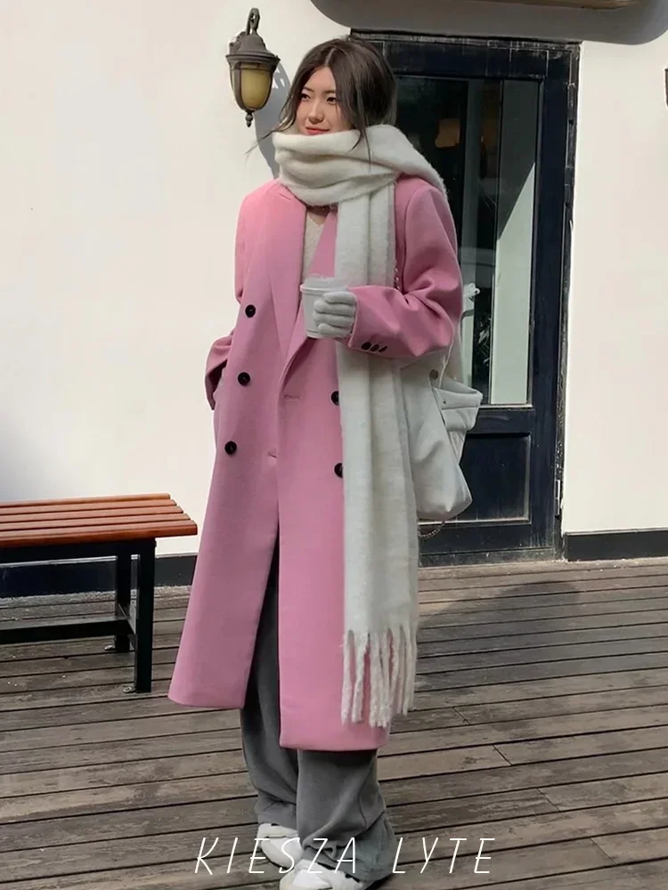 

Fashion party 2024 Winter New Pink Korean Style Mid-length 50% Wool Coats for Women's High Quality Thick Woolen Office Overcoat