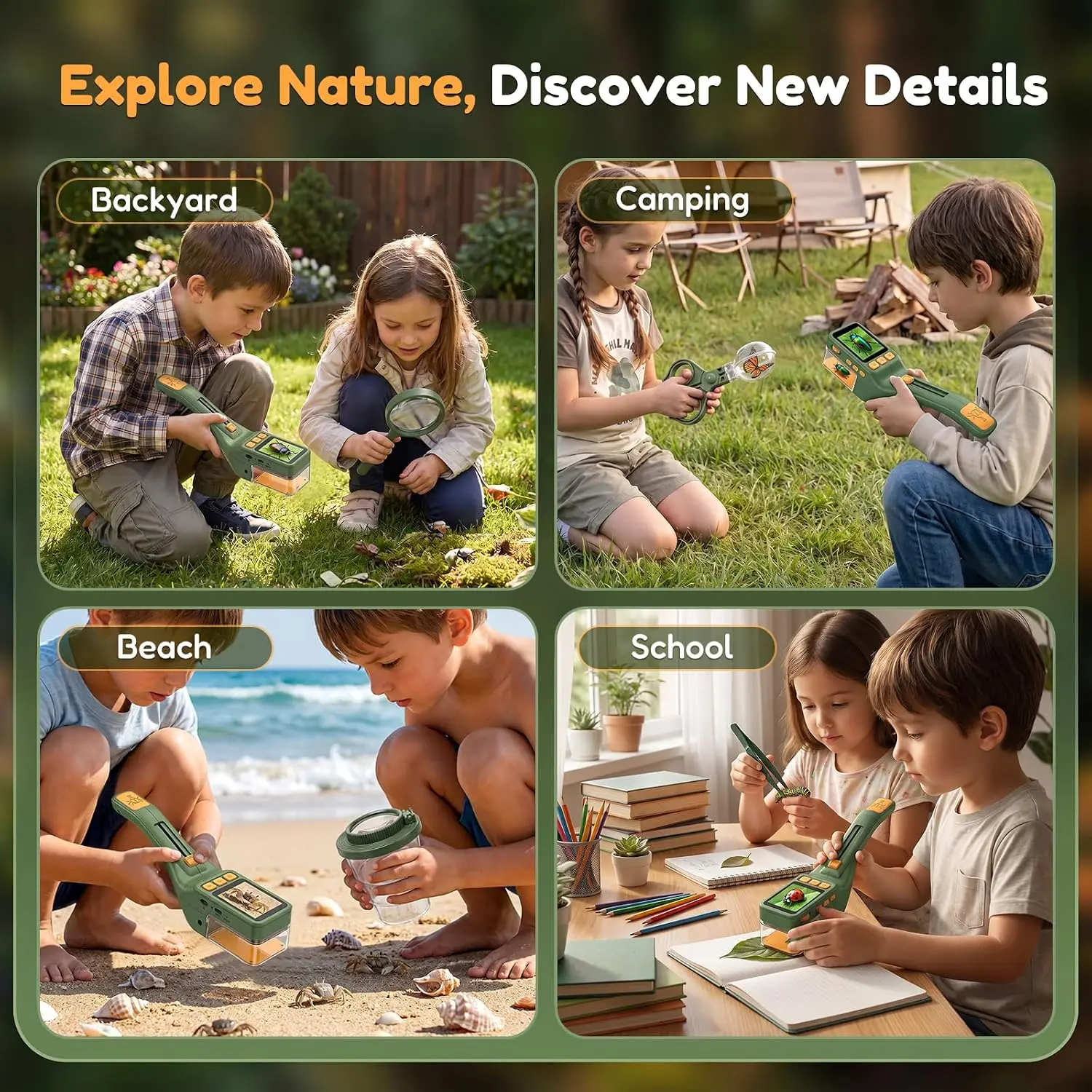 Kids Pocket Microscope Cameras 2.4In IPS Screen with Lanyard Portable USB-C Microscope Camera for Outdoor Nature Exploration