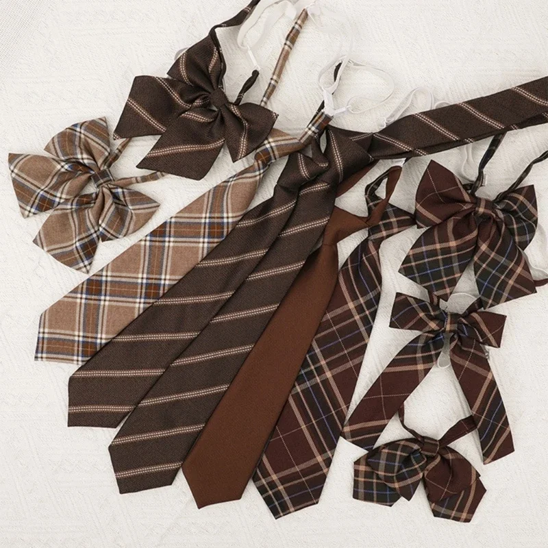 Polyester Silk Pre-Tied Neck Tie Vintage Brown Checkered Striped Necktie JK Girl School Student Uniform Bowknot Bowtie
