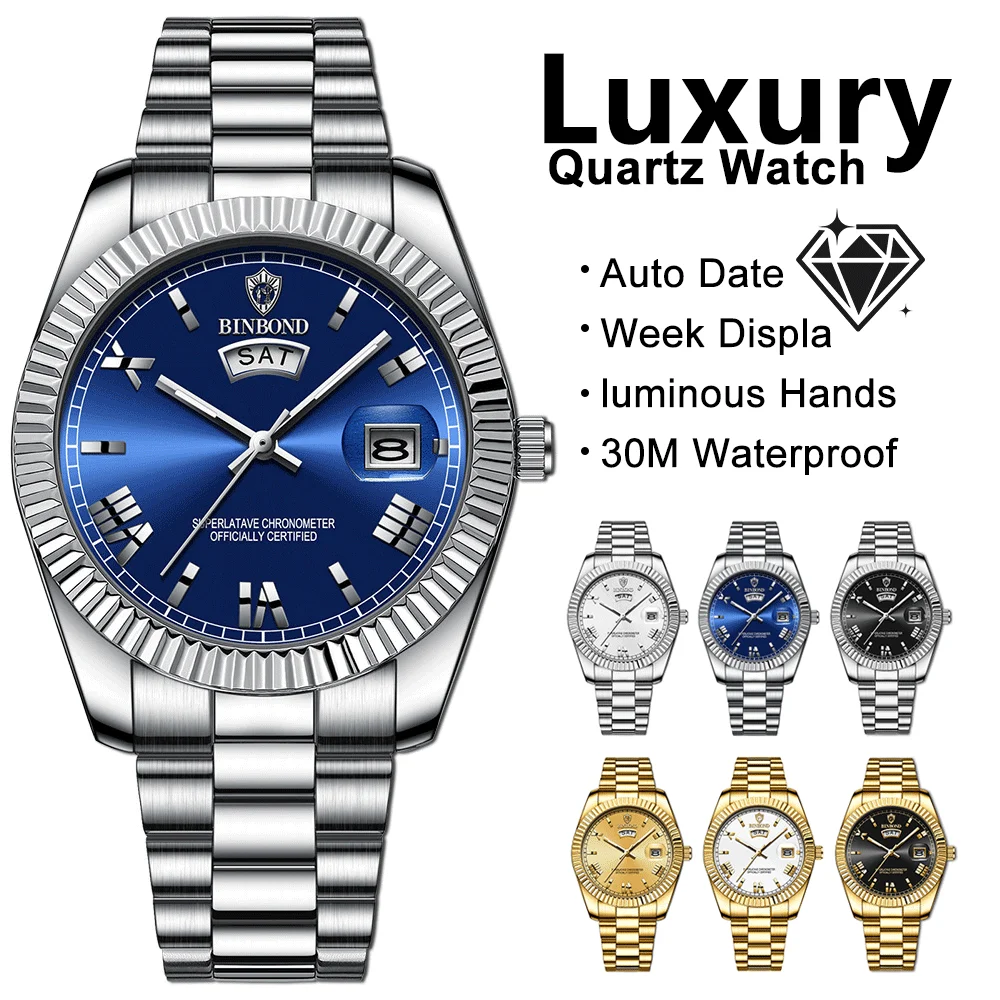 

BINBOND лучший бренд мужские кварцевые часы спортивные кварцевые мужские часы из нержавеющей стали водонепроницаемые наручные часы с датой и неделей мужские Relogio