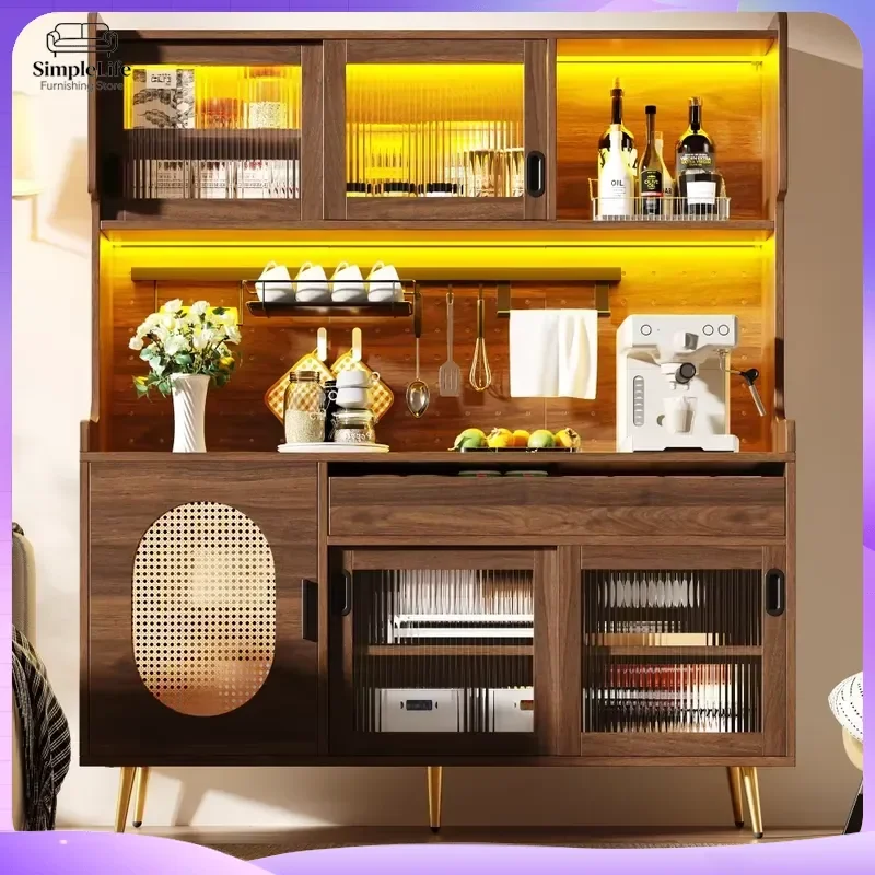 Armário de Armazenamento Multifuncional Estilo Rústico 145x39x171cm com Portas de Vidro Canelado e Fita de LED