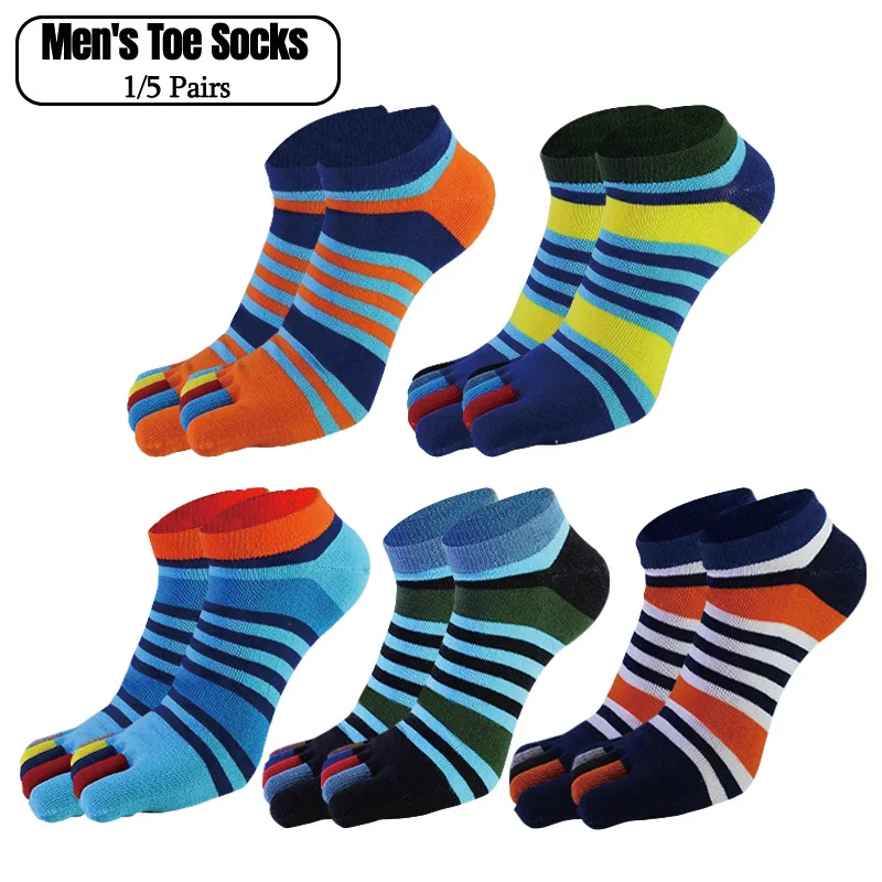 1/5 paires de chaussettes à cinq doigts en coton pour hommes, chaussettes rayées colorées, chaussettes basses respirantes, invisibles, à la cheville