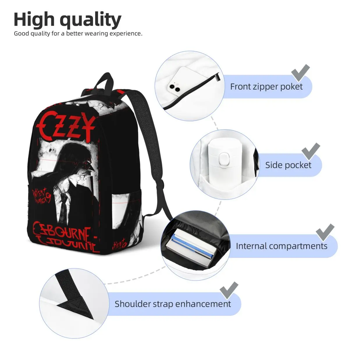 ヘビーメタル ロック オジー・オズボーン セルペン No. 9 バックパック女性プリントバックパックスクールバッグアウトドアスタイルカラフルなリュックサック