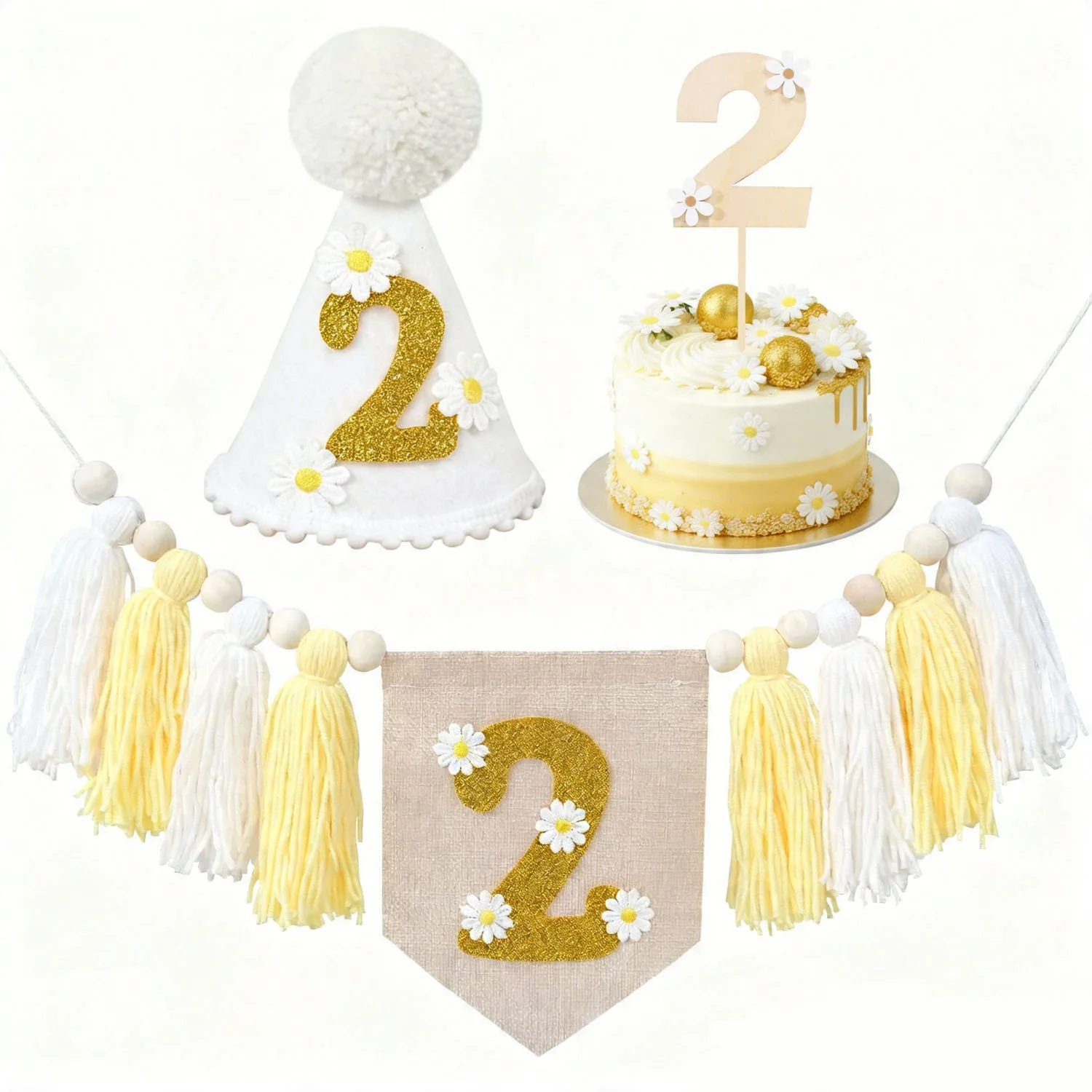 Frühlings-Gänseblümchen-Thema 2. Geburtstags-Banner, Hochstuhl-Banner mit Quastenkranz, 2. Geburtstags-Tüllhut, Kuchendekoration