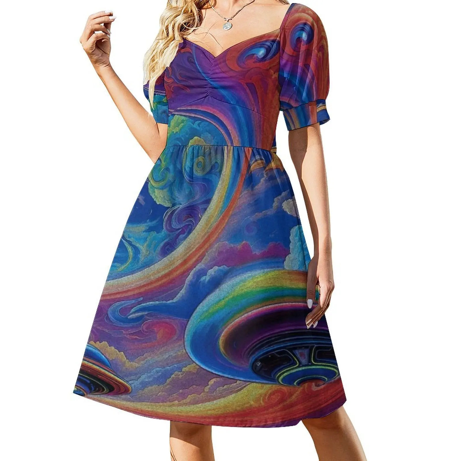 العمل الجماعي (إصدار Be Happy) فستان سموك مزين بالزهور للنساء للربيع والصيف فستان كاجوال للحفلات الجماعية معًا ممتعًا