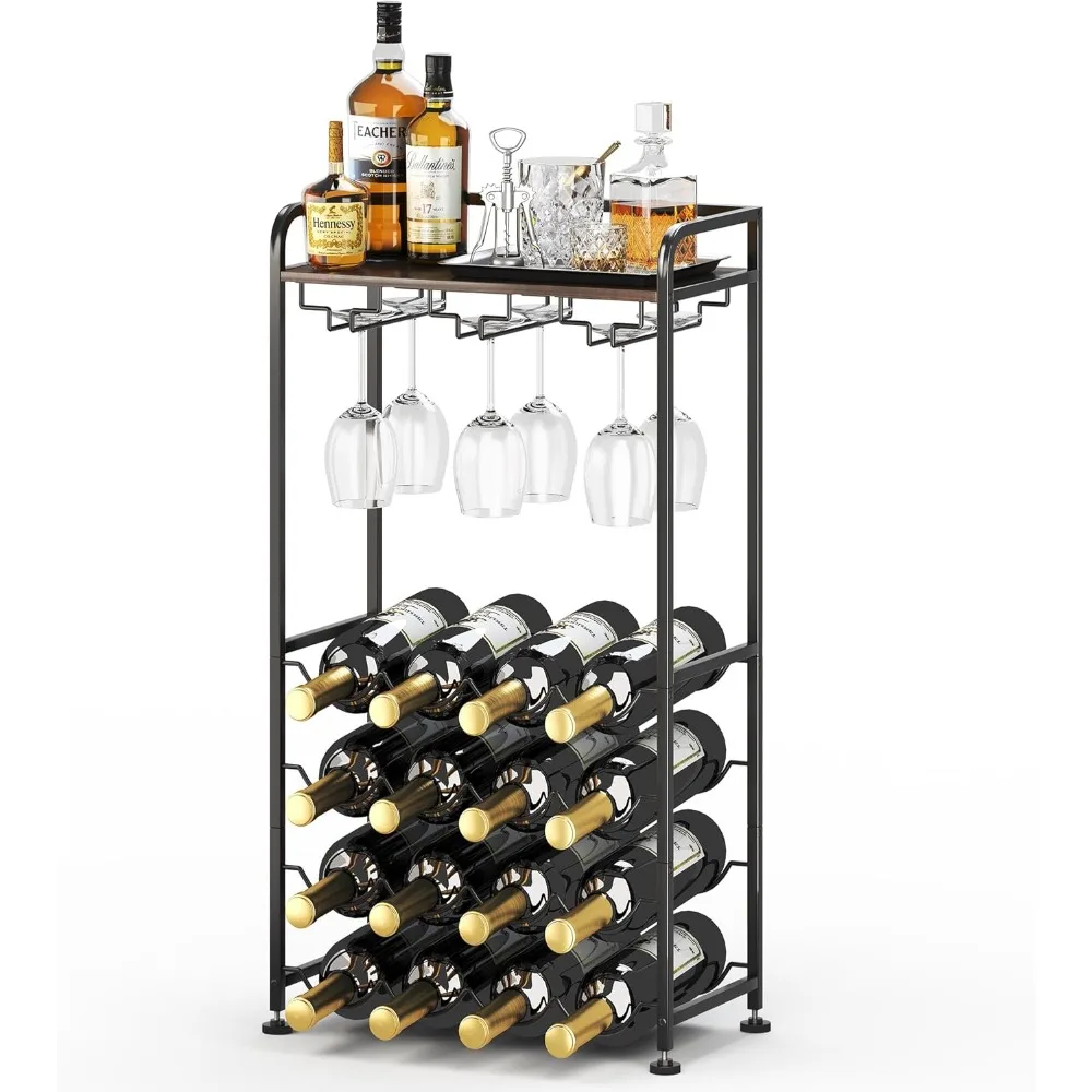 

Отдельно стоящий напольный винный шкаф, полка для вина на 16 бутылок для кухни, столовой, дома, офиса, бара, идеальное сочетание дерева и мета