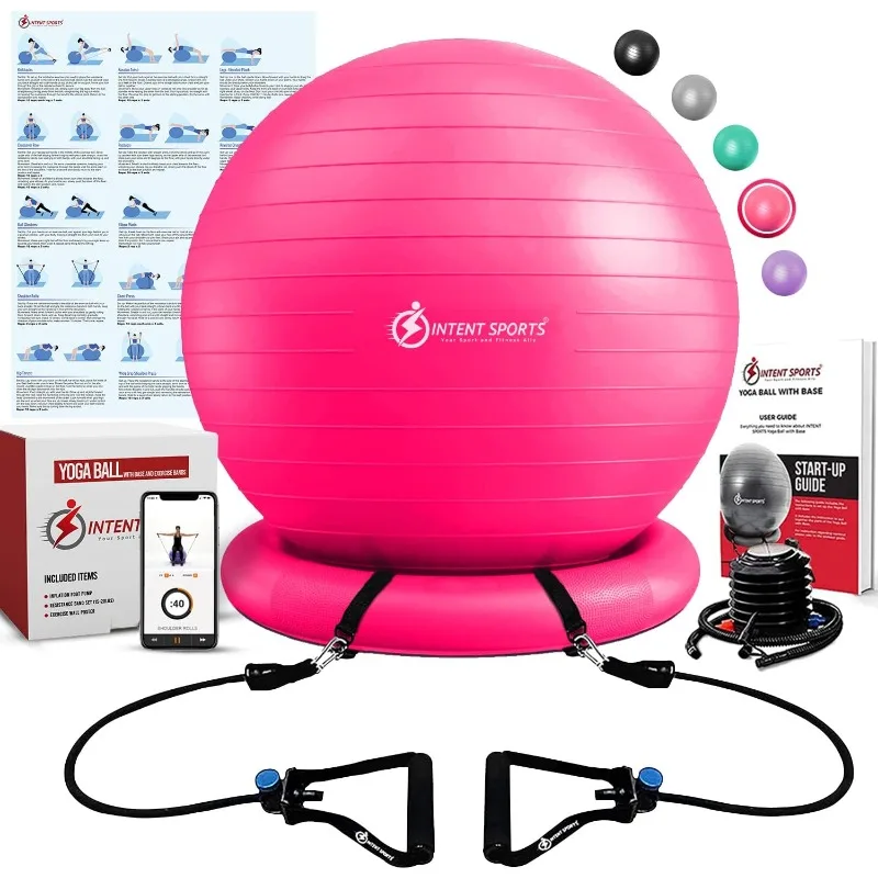 

Yoga Ball Chair – Stability Ball with Inflatable Stability Base & Resistance Bands, Fitness Ball for Home Gym, Office