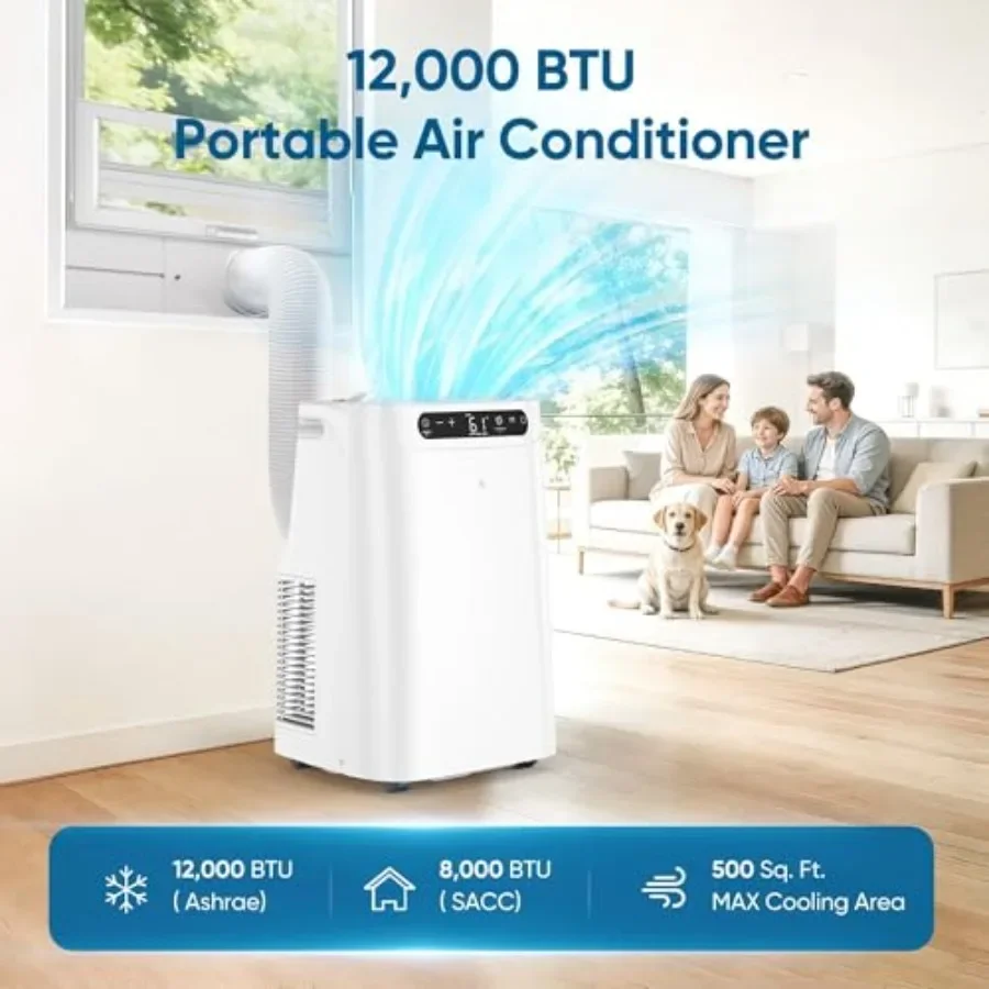 Portable air conditioner for rooms, white ABS plastic, white, 12000 BTU cooling capacity with remote control, fan, dehumidifica