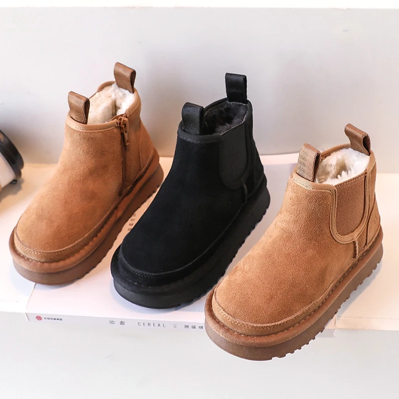 2023 Kinder Jungen Mädchen Stiefel dickes echtes Leder warmes dickeres Fell Frauen Winter rutsch feste feste Reiß verschluss Schneeschuhe Baby