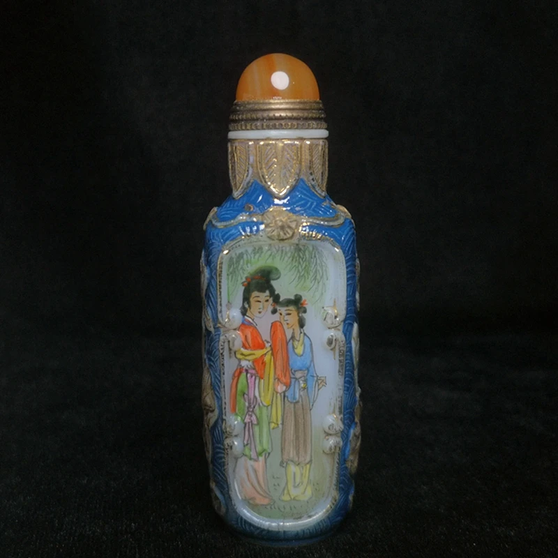 

YIZHU CULTUER ART Size 8.4 cm China Old Beijing Glaze Carving Painting Beauty Belle Figure Snuff Bottle Family Decoration Gift