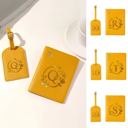 Funda de pasaporte de cuero amarillo con estampado de letras de flores y hojas, billetera impermeable para tarjetas de crédito de viaje, funda para pasaporte para hombres y mujeres