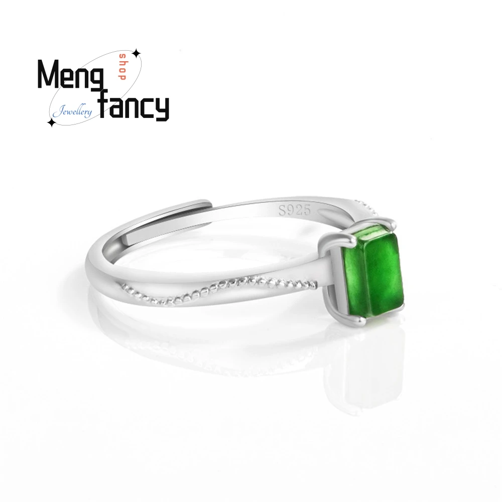 แหวนเงินแท้ S925 หยกธรรมชาติ เกรด A สีเขียวสดใส ทรงลูกบาศก์เล็ก แหวนหยกทรงน้ำแข็ง แหวนแฟชั่นสำหรับผู้หญิง