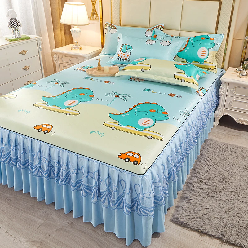 Cartoon Dinosaur Print Bedding Bed Skirt Ice Silk Mat Three-piece Set Summer Cool Mats Washable Soft Bedspread with Elastic Band