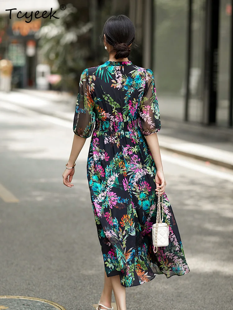 Tcyeek, 100% 리얼 실크 우아한 드레스, 여성 하프 슬리브 꽃 프린트, 복고풍 패션 OL 드레스, 2024 봄 여름 새로운 D44072QM