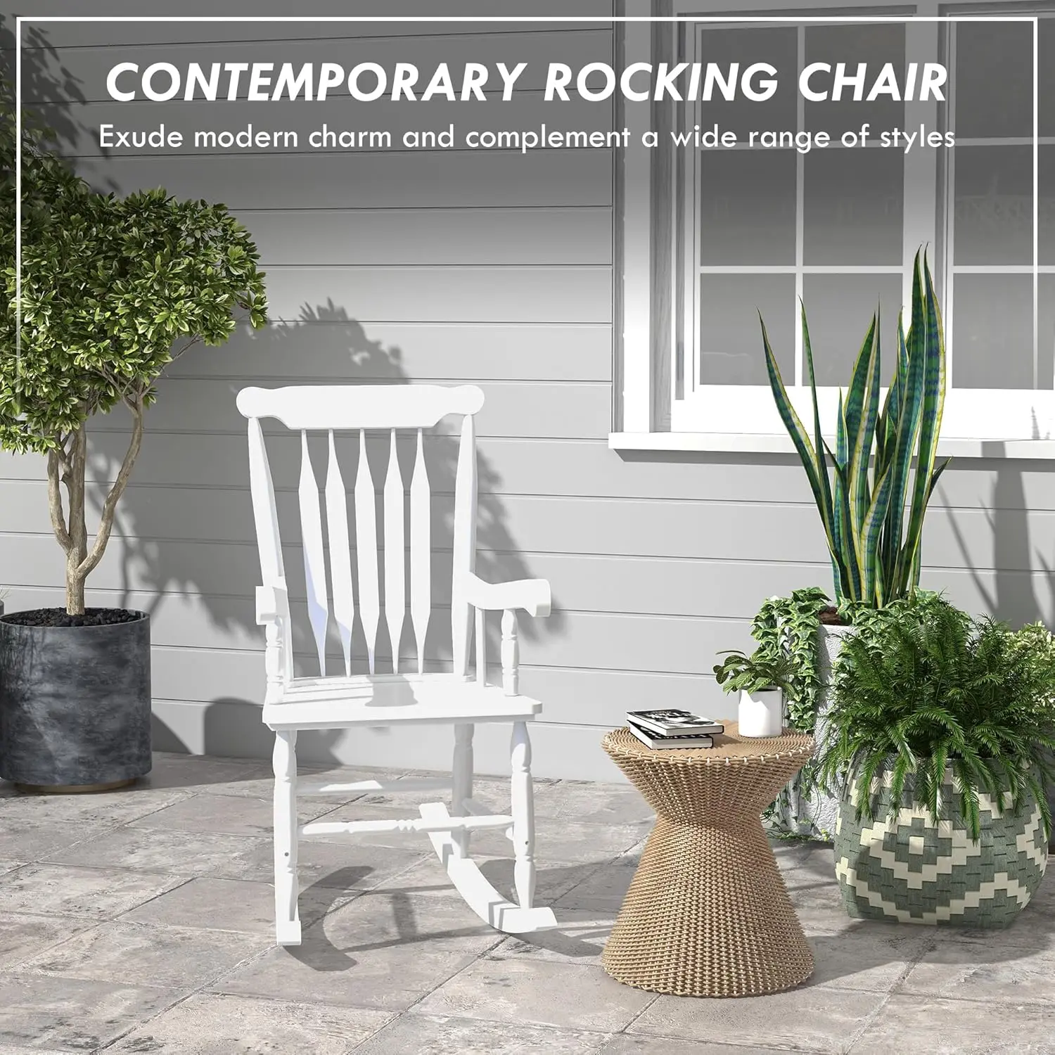 Outdoor Wood Rochair, 350 Lbs. Porch Rocker With High Ba For Garden, Patio, Balcony, White