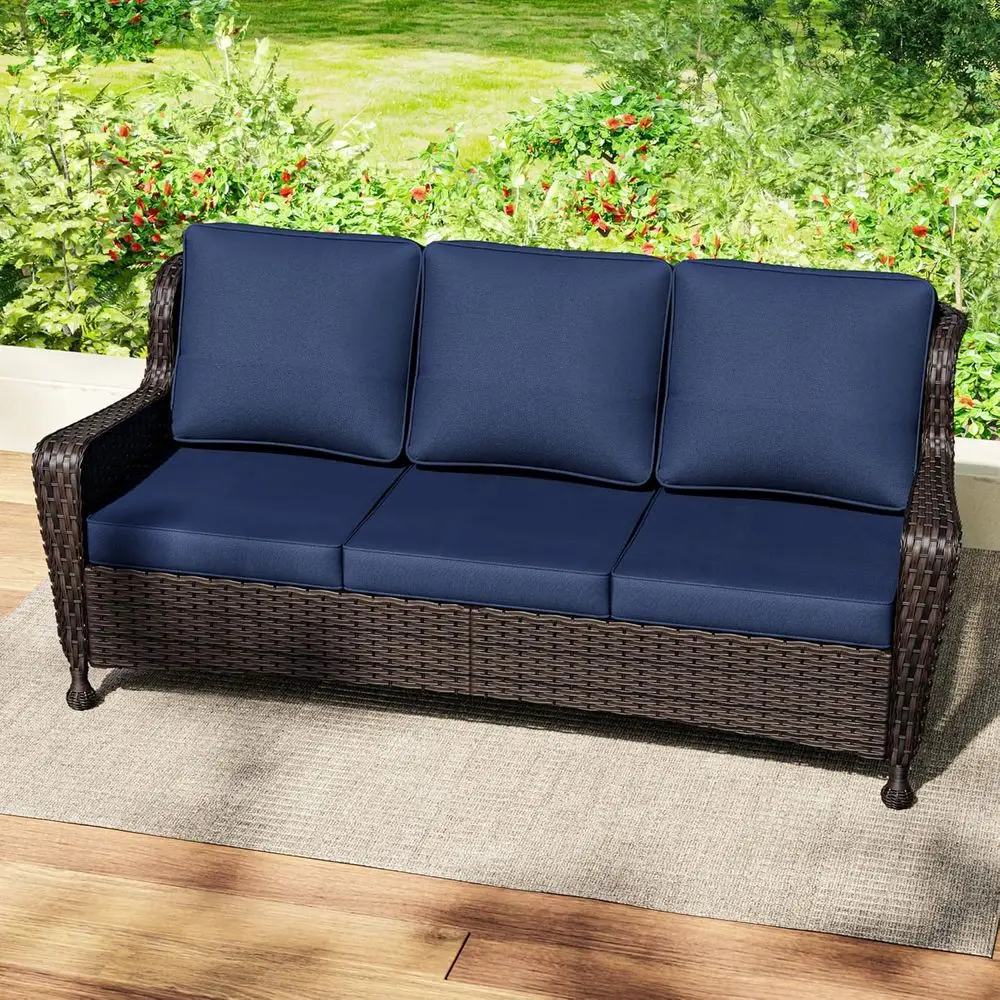 

3-Seater Wicker Sofa, Outdoor Rattan Couch with Removable Cushions, High Back for Porch, Garden, Poolside, Balcony, Blue