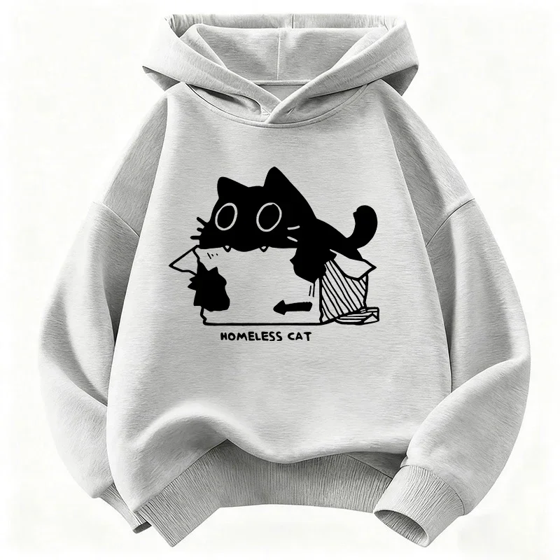 Black Cat Hoodie Homeless Cat Funny Meme Cute Kids Box Minimalist Aesthetic Grey Oversized Casual Sport Sweatshirts