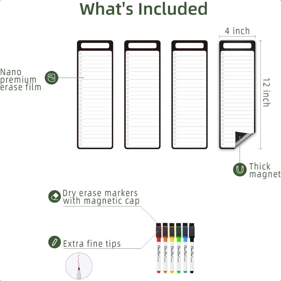 Magnetic Dry Erase List Board 4"x12" Multifunctional List Board for Fridge 6 Extra Fine Point Markers Included Shipped Flat