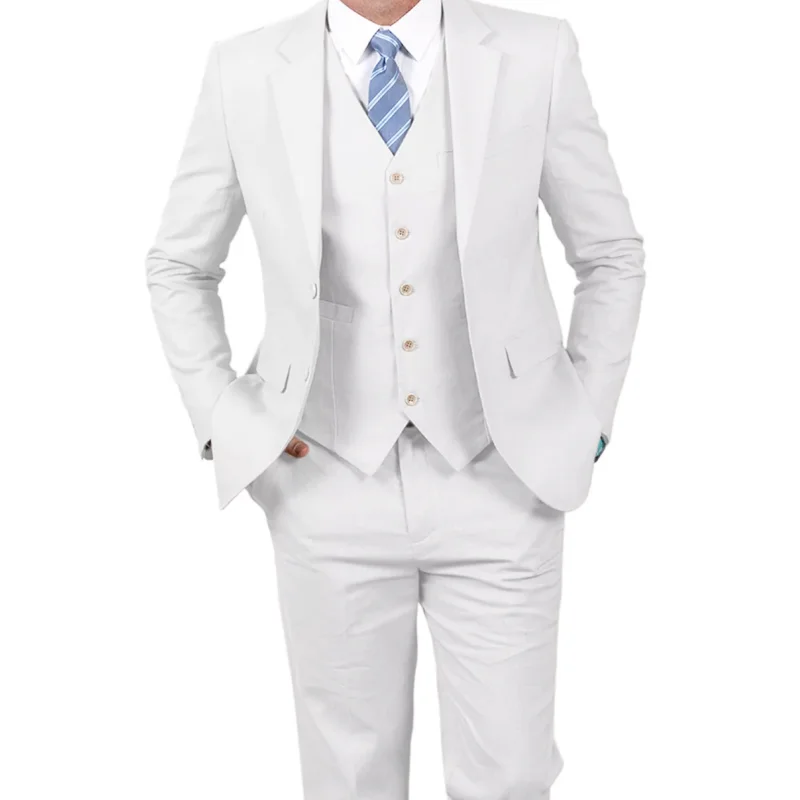 Lansboter Beige Men Suit 3 Pieces Solid Single Button Slim Casual Fit Business Banquet Wedding Groom Suit Jacket Vest With Pants