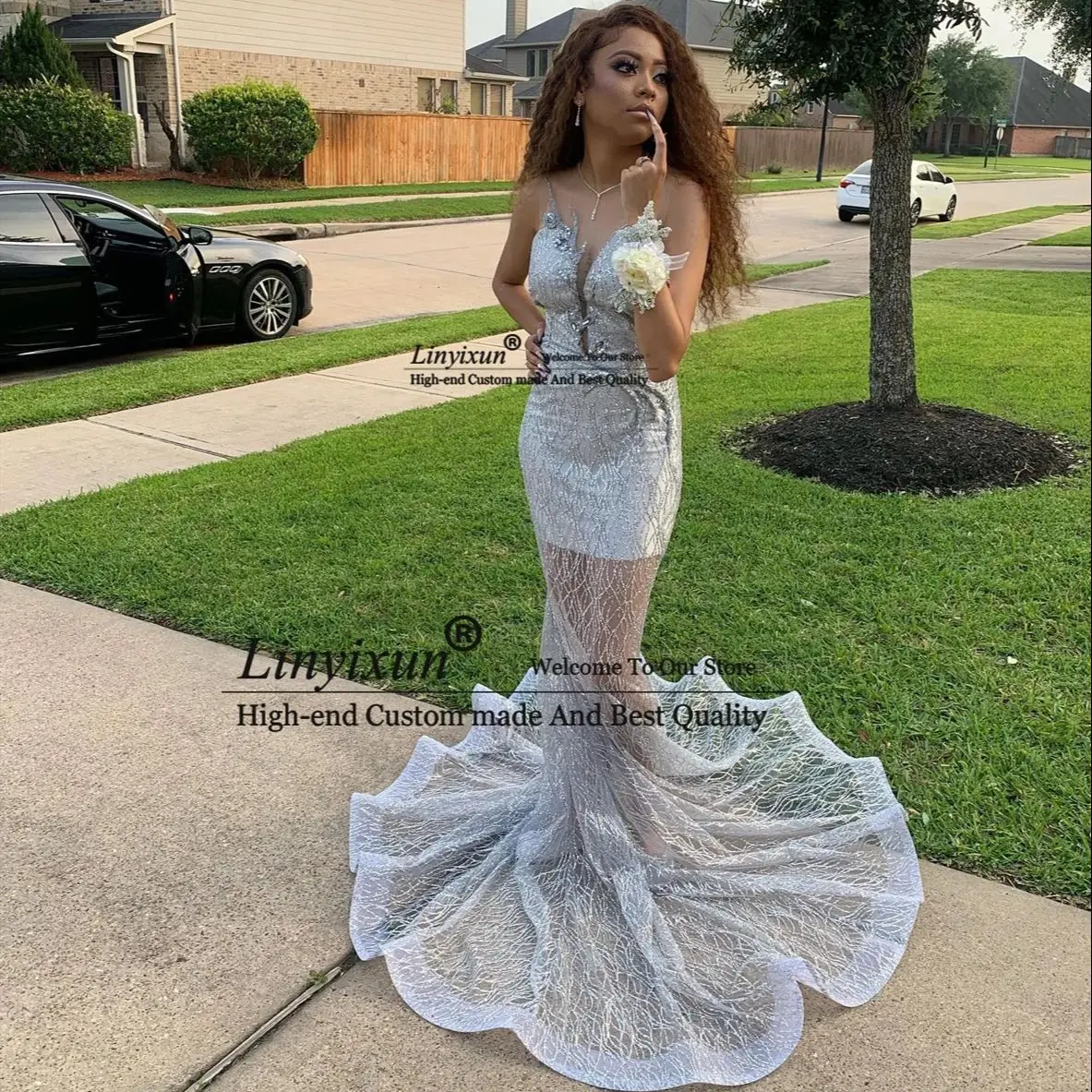 

Shiny Silver Girls Mermaid Prom Dresses Illusion Top Lace Long Sleeve Evening Dresses Vintage Formal Party Gowns Customized
