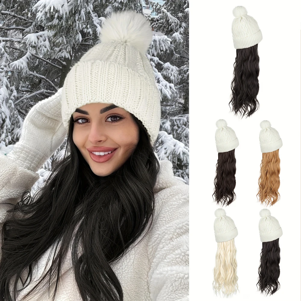 

Длинный волнистый вьющийся парик для наращивания волос с помпоном из искусственного меха, шапка для парика с прикрепленной 20-дюймовой синтетической накладкой для женщин и девочек, зима