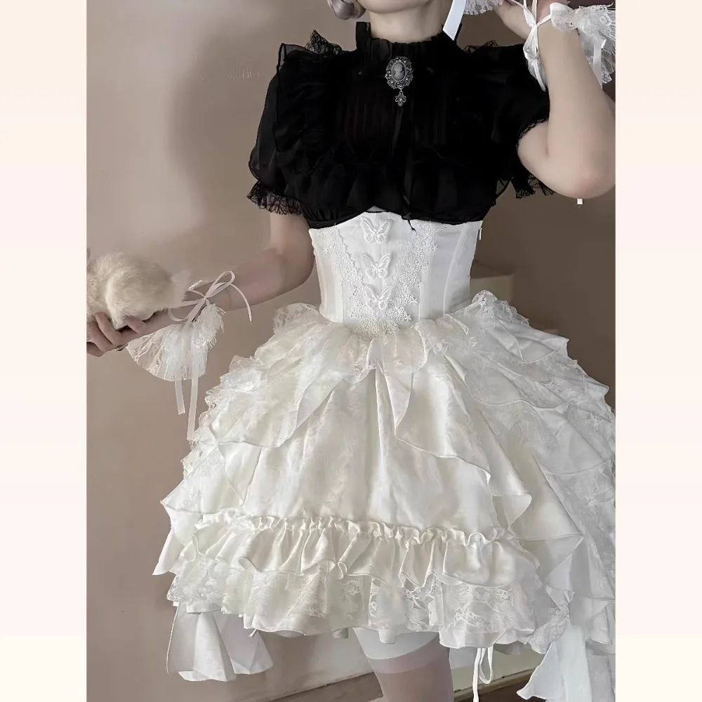 Goth Lace Patchwork Exquisite High Waist Shirt And Skirt Set Irregular Y2K Harajuku Streetwear Cake Style New Arrivals