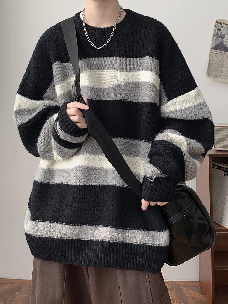 

Мужской свитер в полоску с круглым вырезом, свободного кроя, с длинными рукавами, осенне-зимний, модный, повседневный, однотонный, в американском стиле High Street