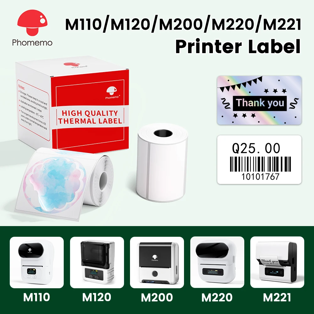 Phomemo 20-50mm Thermal Label Sticker Roll Compatible with M110/M220/M108/M200 Adhesive Barcode/Product Label for Commercial Use