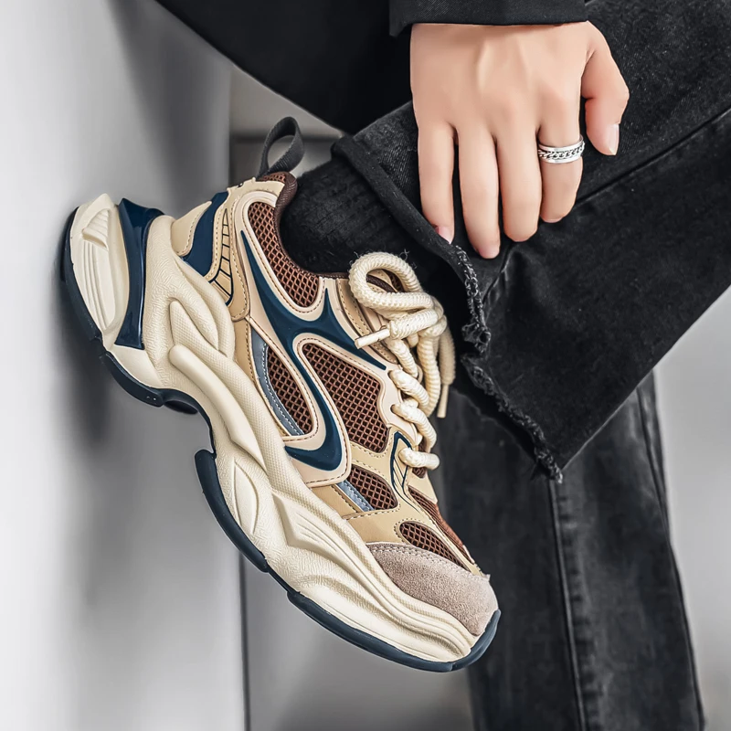 Herren-Dad-Sneaker, atmungsaktives Obermaterial aus großem Mesh, dicke Juteschnürsenkel, farblich abgesetzte dicke Sohle, höhenvergrößernd und rutschfest, retro-trendiger Stil, mehrere Farboptionen verfügbar, vielseitige Freizeitschuhe für den täglichen Arbeitsweg und die Straßenmode. – Detail 11