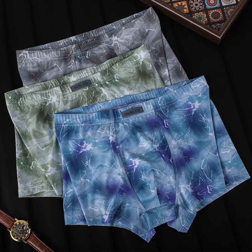 

1/3PCS Trendy Gradient Print Ice Silk Smooth Underwear Arrival Cool Breathable Mesh Crotch Boxers Man High Elastic Men's Panties
