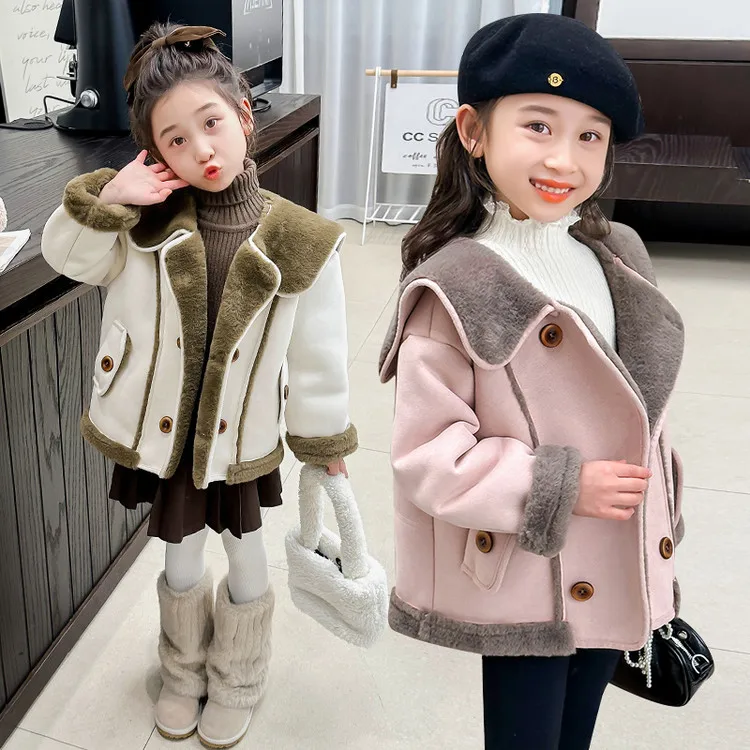 Jaqueta de shearling falsa para meninas, casaco quente duplo breasted com gola contrastante, agasalhos de inverno para meninas de 2 a 9 anos