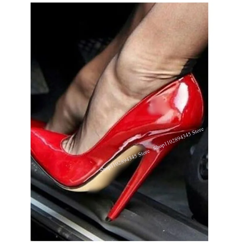 Zapatos de charol rojo sin cordones para Mujer, calzado de tacón alto, fino y hueco, Punta puntiaguda, novedoso, Sexy, para fiesta de verano