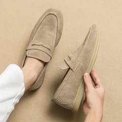 Spring Beige Khaki Light Color Scheme Casual Shoes Low Heel Loafers Suede Leather Comfortable Soft Sole Mens Classic Moccasins