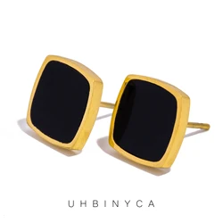 UHBINYCA Stainless Steel Square Geometric Stud Earrings for Women Simple Black Acrylic Texture Statement Jewelry Waterproof