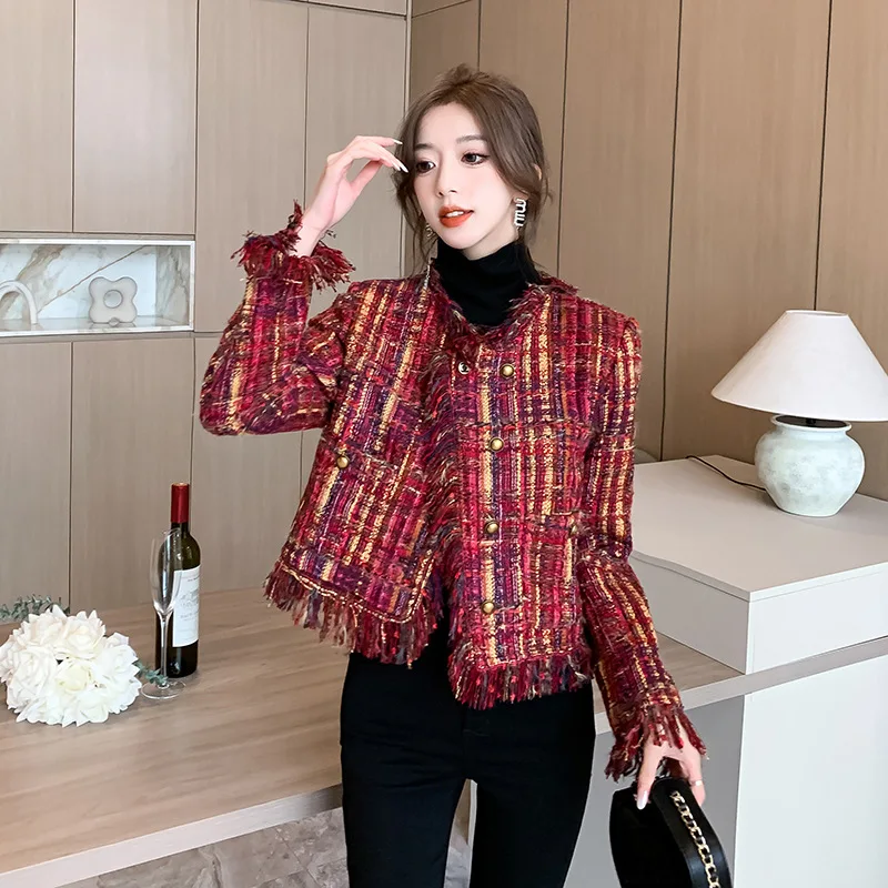 Women Autumn New Round Neck Fleece Edge Oblique Buckle Woven Wool Duvet Fragrant Coat Tweed Jackets