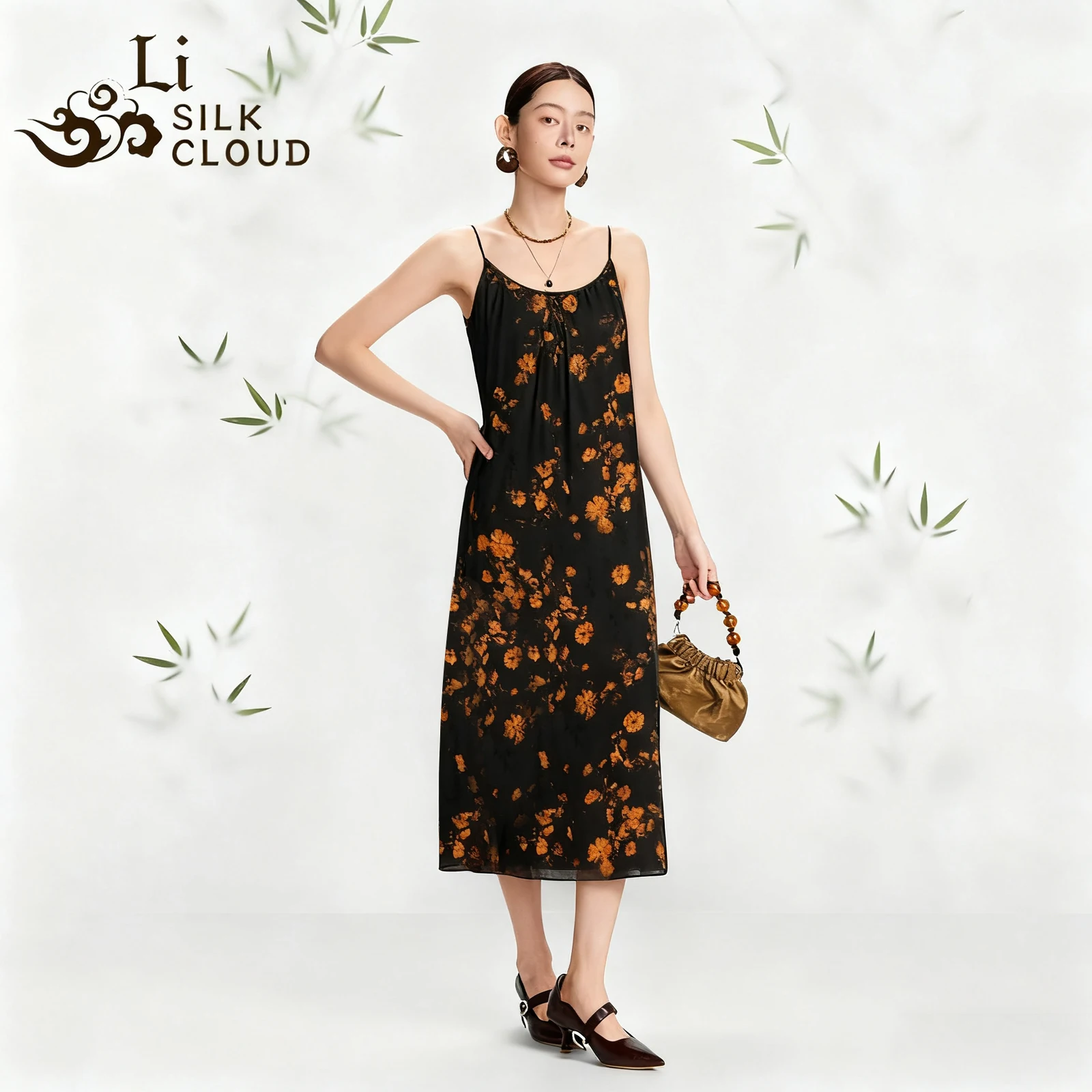 

LI SILK CLOUDxiangyunsha Spaghetti Strap Dress - Skin-Friendly Fabric,Fresh Floral Prints,Guangdong Black Pearl Guangdong Gauze