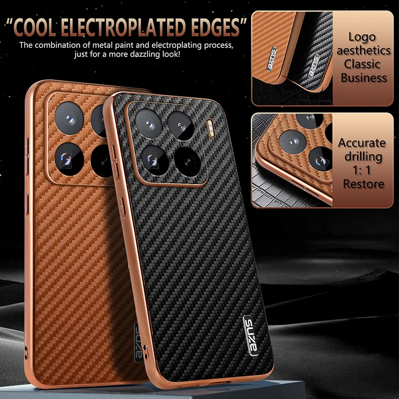 

Carbon Fibre Electroplating Design Leather Silicone Phone Back Case Cover For Xiaomi 15Ultra 15Pro 14 14T Pro Bumper Coque
