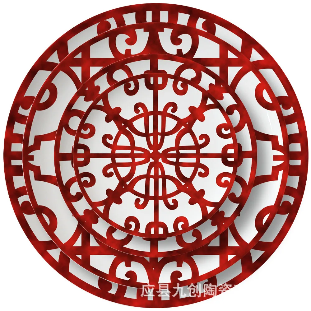 3 Color Ceramic Plate Hand-Painted Red Art Creative Round  Tableware Dinner Plates Set Charger Plates for Wedding Pasta Plate