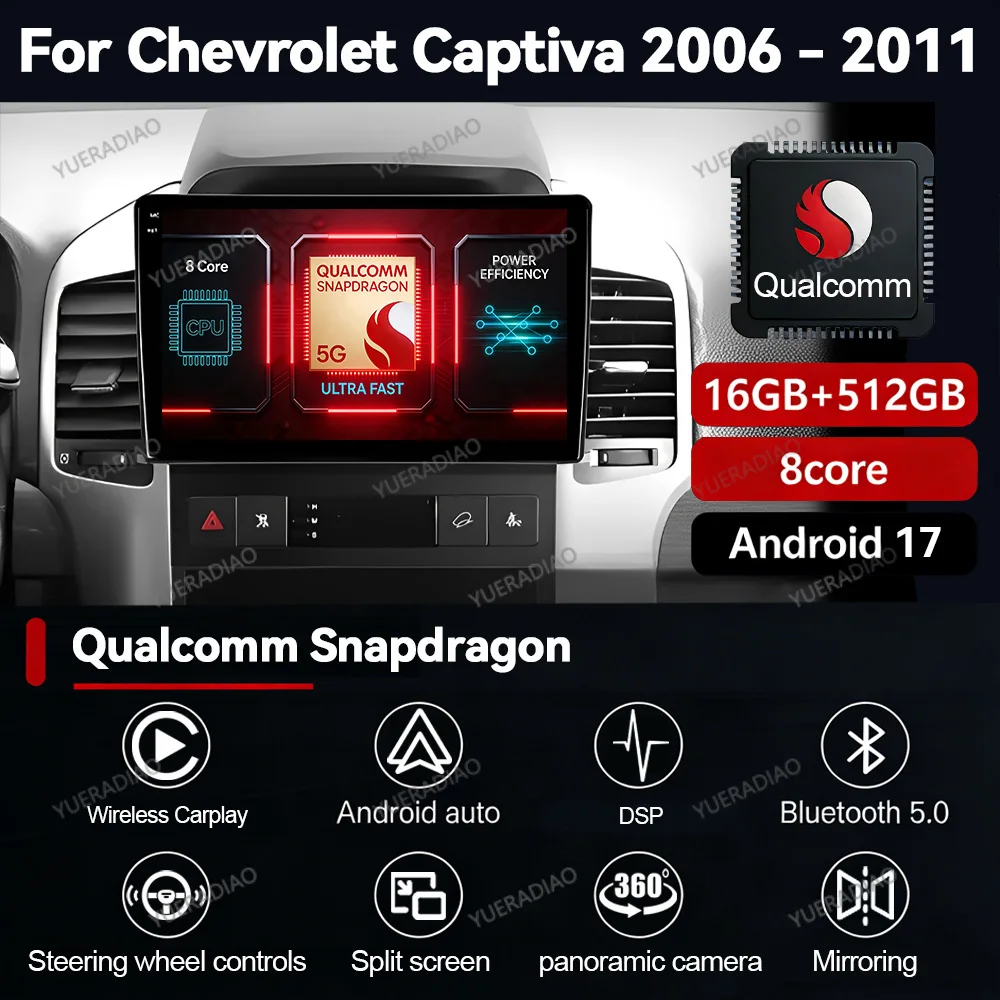 Radio para Auto Android 17 para Chevrolet Captiva I 1 2006-2011, Reproductor Multimedia Estéreo de Video, 4G LTE, 5G WIFI, BT, Qualcomm, 2DIN, QLED