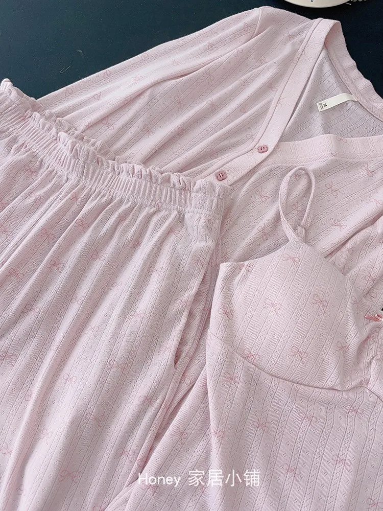 Japanese Sweet Girl Comfortable Bow Long-sleeved Pajamas Skin-friendly Breathable Casual Suspender Loungewear Three-piece Set